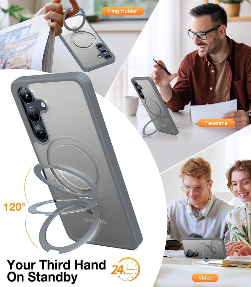 AIBEX Back Cover for Samsung S25+ with OStand Ring Kickstand | Mag-Saf Compatible Magnetic Metal Alloy Ring | Wireless Charging | Slim Thin Scratch Resistant Armor | Shockproof Protective Case- Grey - Image 5