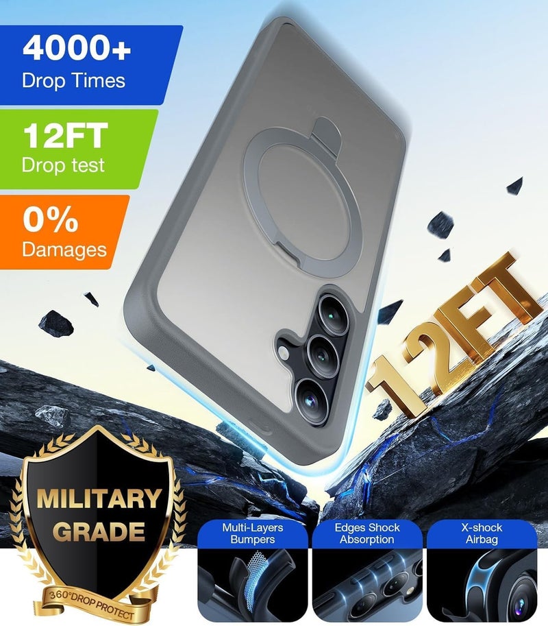 AIBEX Back Cover for Samsung S25+ with OStand Ring Kickstand | Mag-Saf Compatible Magnetic Metal Alloy Ring | Wireless Charging | Slim Thin Scratch Resistant Armor | Shockproof Protective Case- Grey - Image 3
