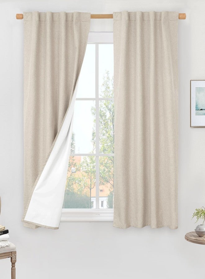 LAMIT Linen 100% Blackout Window Curtains for Bedroom, 45 Inches Linen Textured Thermal Farmhouse Curtains Back Tab and Rod Pocket Window Panels with White Liner, 2 Panels, 38 x 45 Inch, Oatmeal - Image 1