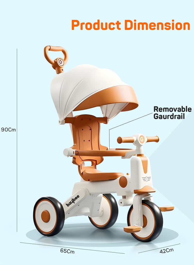 بيبي دراجة ثلاثية العجلات بيكو ٣ في ١ قابلة للتحويل للأطفال مع مقبض دفع للوالدين ومظلة | دراجة أطفال مزودة بحاجز أمان وإضاءة وموسيقى | دراجة ثلاثية العجلات للأطفال الصغار | دراجة أطفال للرضع من سنة إلى خمس سنوات، لون أبيض وبني. - Image 3