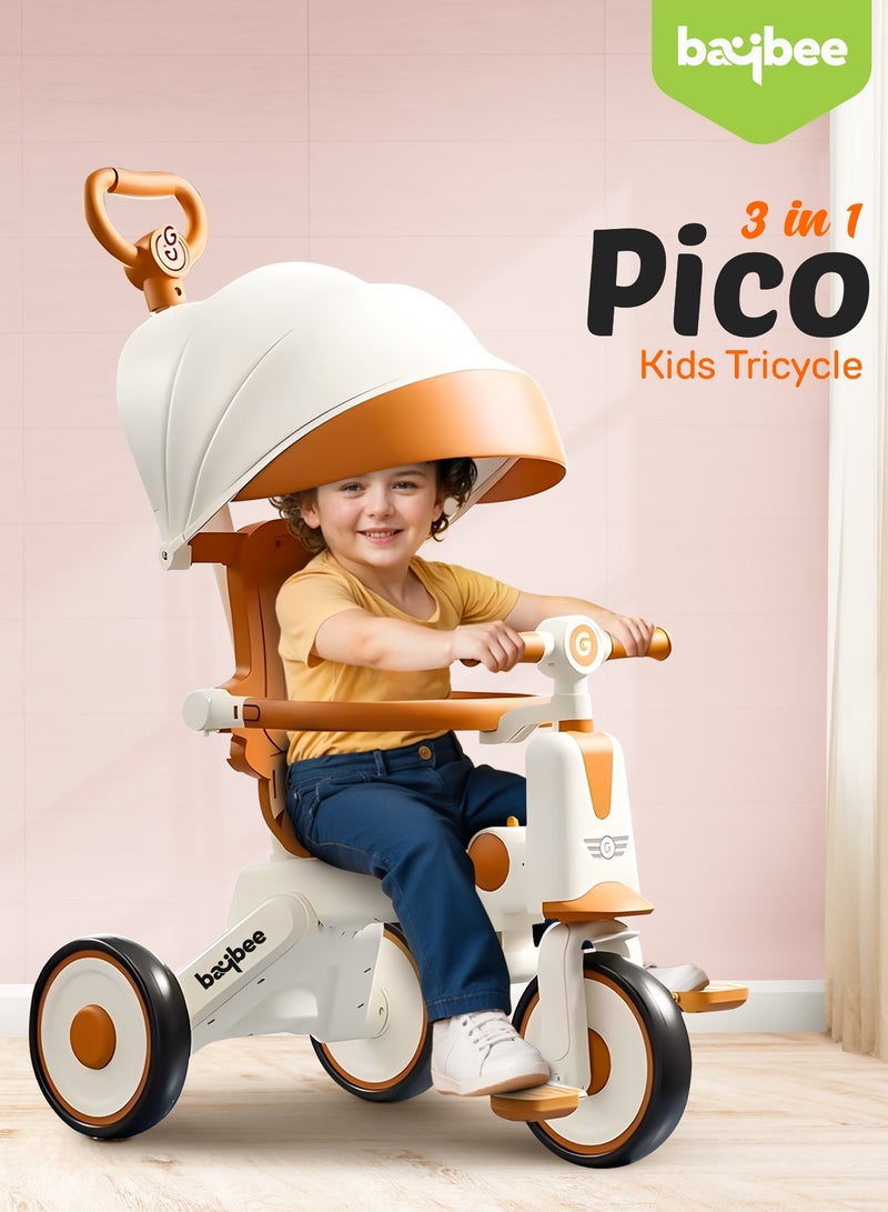 بيبي دراجة ثلاثية العجلات بيكو ٣ في ١ قابلة للتحويل للأطفال مع مقبض دفع للوالدين ومظلة | دراجة أطفال مزودة بحاجز أمان وإضاءة وموسيقى | دراجة ثلاثية العجلات للأطفال الصغار | دراجة أطفال للرضع من سنة إلى خمس سنوات، لون أبيض وبني. - Image 2