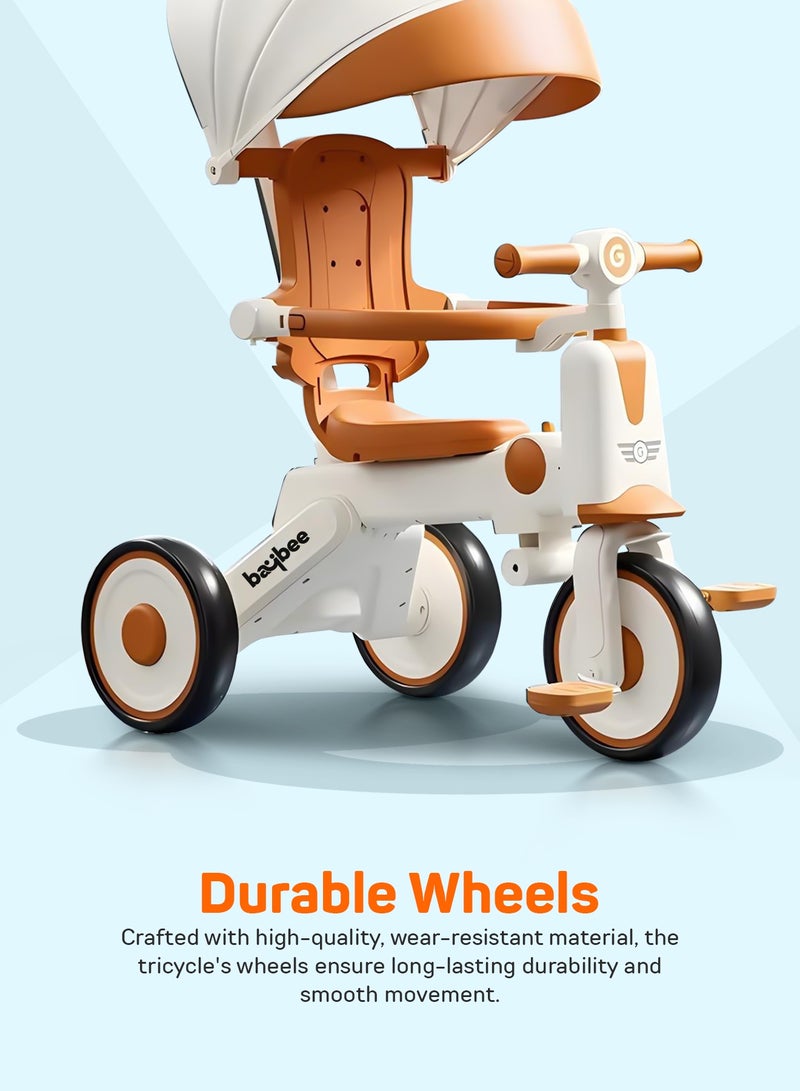 بيبي دراجة ثلاثية العجلات بيكو ٣ في ١ قابلة للتحويل للأطفال مع مقبض دفع للوالدين ومظلة | دراجة أطفال مزودة بحاجز أمان وإضاءة وموسيقى | دراجة ثلاثية العجلات للأطفال الصغار | دراجة أطفال للرضع من سنة إلى خمس سنوات، لون أبيض وبني. - Image 4