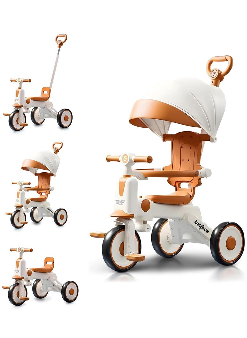 BAYBEE Pico 3 in 1 Convertible Baby Tricycle for Kids with Parental Push Handle and Canopy | Baby Cycle with Safety Guard, Light & Music | Kids Tricycle for Toddlers | Kids Cycle for Baby 1 to 5 Years Boy Girl White Brown - Image 1