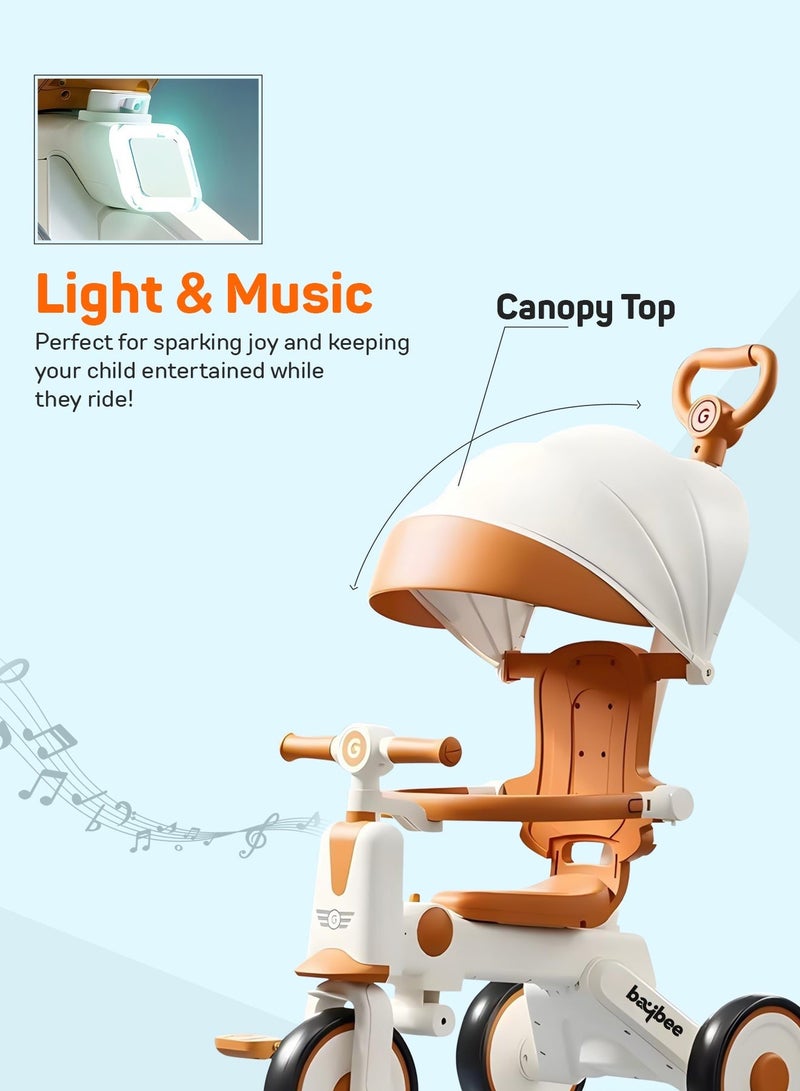 BAYBEE Pico 3 in 1 Convertible Baby Tricycle for Kids with Parental Push Handle and Canopy | Baby Cycle with Safety Guard, Light & Music | Kids Tricycle for Toddlers | Kids Cycle for Baby 1 to 5 Years Boy Girl White Brown - Image 4