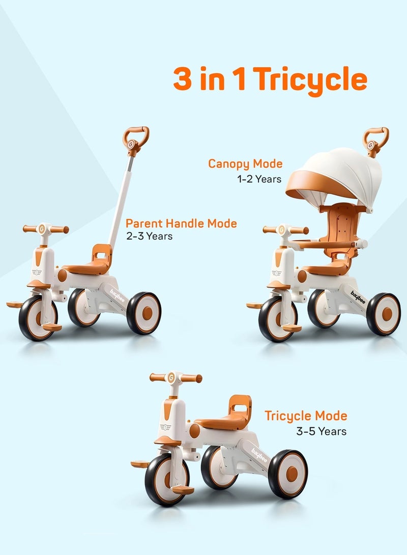 BAYBEE Pico 3 in 1 Convertible Baby Tricycle for Kids with Parental Push Handle and Canopy | Baby Cycle with Safety Guard, Light & Music | Kids Tricycle for Toddlers | Kids Cycle for Baby 1 to 5 Years Boy Girl White Brown - Image 3