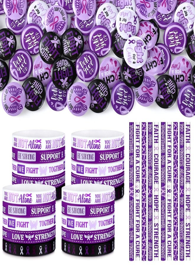 Ferreve 90 Pcs Epilepsy Awareness Accessories Include 30 Purple Ribbon Bracelets 30 Button Pins 30 Inspirational Pencils Epilepsy Awareness Items for Public Charity Party Supplies - Image 1