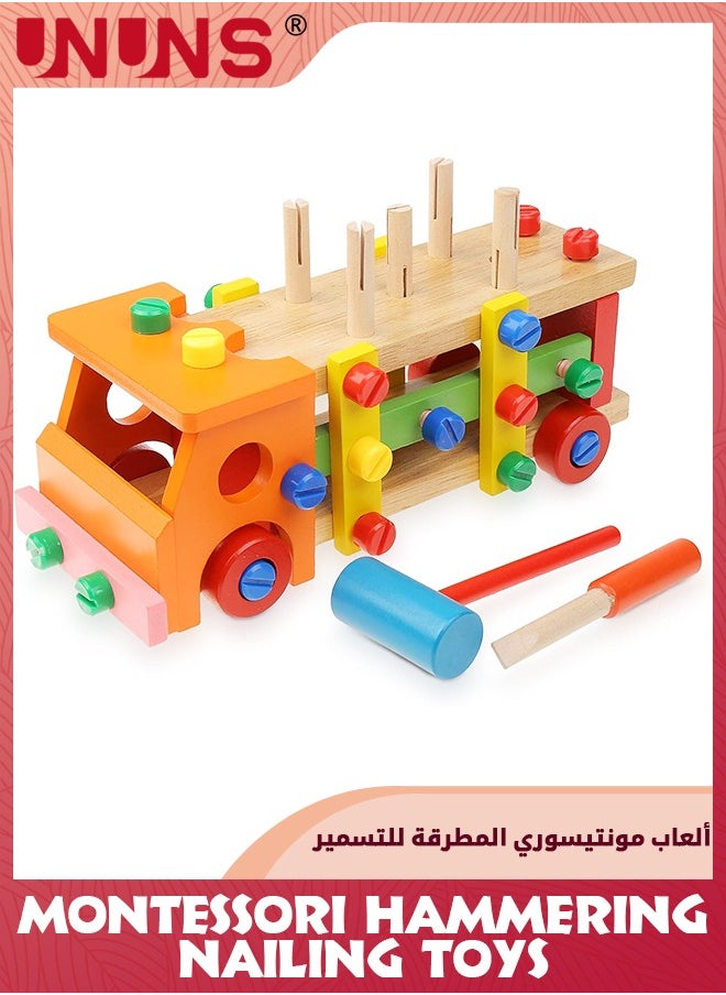 UNUNS Wooden Montessori Toys,Multi-functional Hammering And Nailing Toys For Toddler,Learning Activities For Preschoolersm,Wood Truck Vehicle Construction Tool Game Sets For Ages 3+  - Image 1