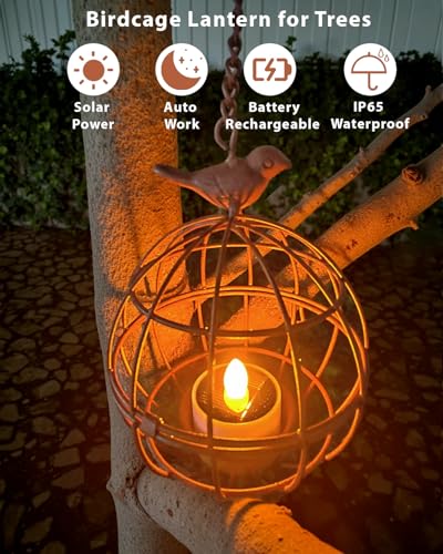 ALL FORTUNE Outdoor Solar Hanging Lantern Lights 4 Pack Rustic Ball Birdcage Hanging Candle Holder with Solar Tea Lights Outdoor Waterproof Decorations for Patio Backyard Pergola Tree Decor Dark Orange - Image 3