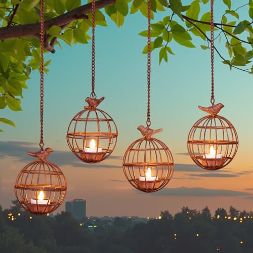 ALL FORTUNE Outdoor Solar Hanging Lantern Lights 4 Pack Rustic Ball Birdcage Hanging Candle Holder with Solar Tea Lights Outdoor Waterproof Decorations for Patio Backyard Pergola Tree Decor Dark Orange - Image 1