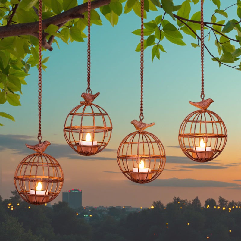 ALL FORTUNE Outdoor Solar Hanging Lantern Lights 4 Pack Rustic Ball Birdcage Hanging Candle Holder with Solar Tea Lights Outdoor Waterproof Decorations for Patio Backyard Pergola Tree Decor Dark Orange - Image 2