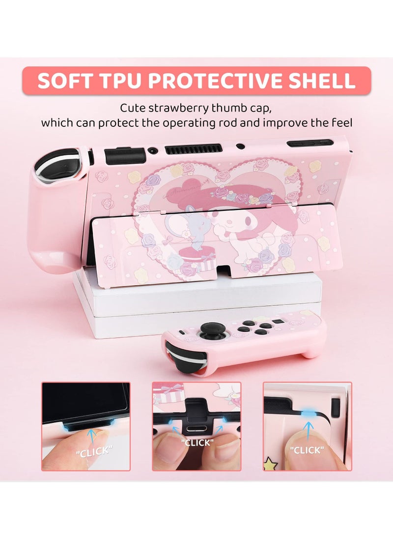 Pink Carrying Case with Bunny Pattern for Nintendo Switch OLED, Hard Storage Case for Switch OLED with Hard Protective Case, Shoulder Strap, Hand Strap, Screen Protector and 2 Thumb Caps