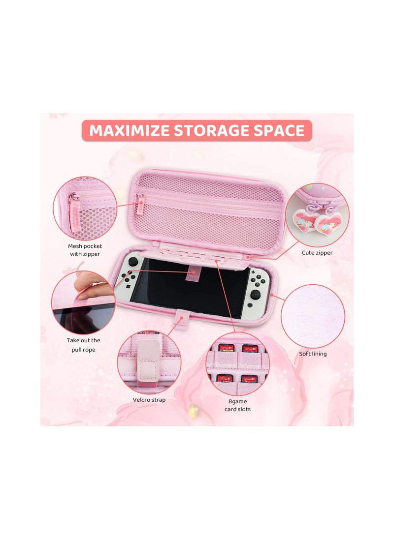 Pink Carrying Case with Bunny Pattern for Nintendo Switch OLED, Hard Storage Case for Switch OLED with Hard Protective Case, Shoulder Strap, Hand Strap, Screen Protector and 2 Thumb Caps