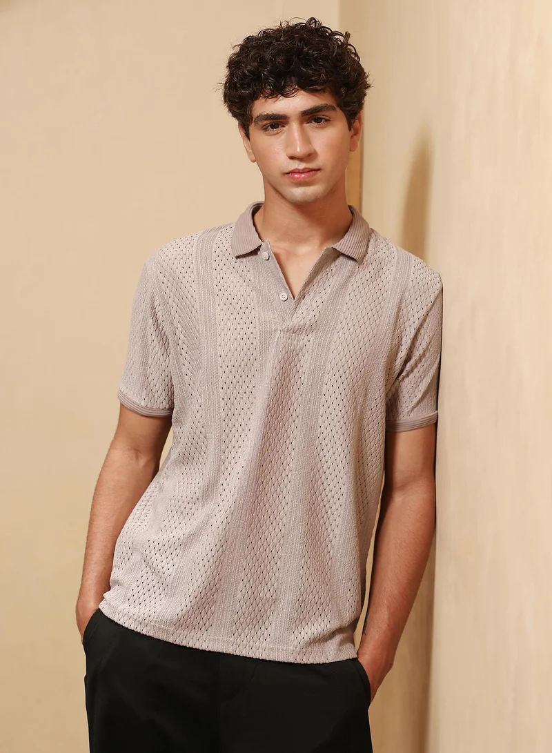 Campus Sutra Men Marquise-Panel Jacquard Polo T-Shirt | Polo Neck , Short Cuff Sleeves | Half-Button , Straight Hem | Solid Rachel-Jacquard | Knitted Fabric For Casual & Daily Wear | Almond Beige