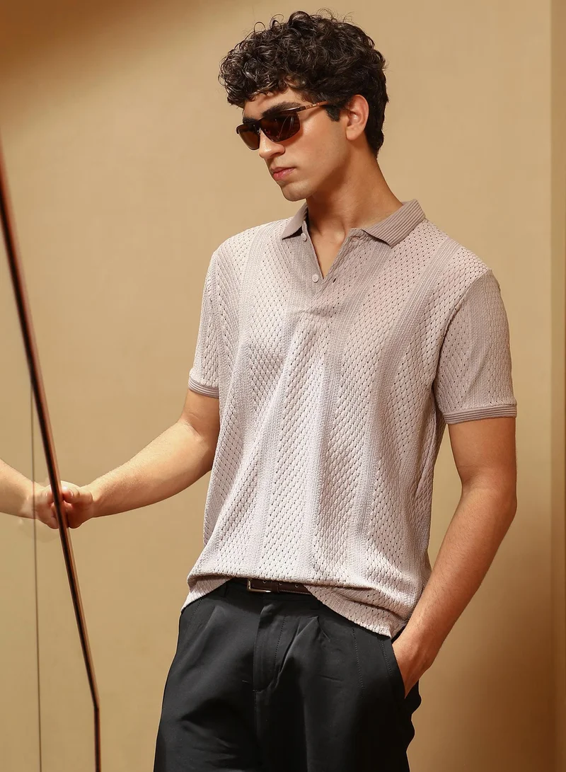 Campus Sutra Men Marquise-Panel Jacquard Polo T-Shirt | Polo Neck , Short Cuff Sleeves | Half-Button , Straight Hem | Solid Rachel-Jacquard | Knitted Fabric For Casual & Daily Wear | Almond Beige