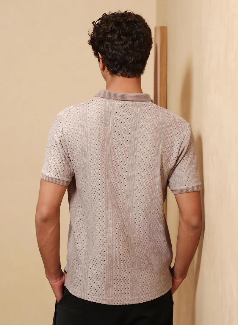 CAHOOT  Men's Almond Beige Marquise-Panel Jacquard Polo T-Shirt for Men | Best Price UAE