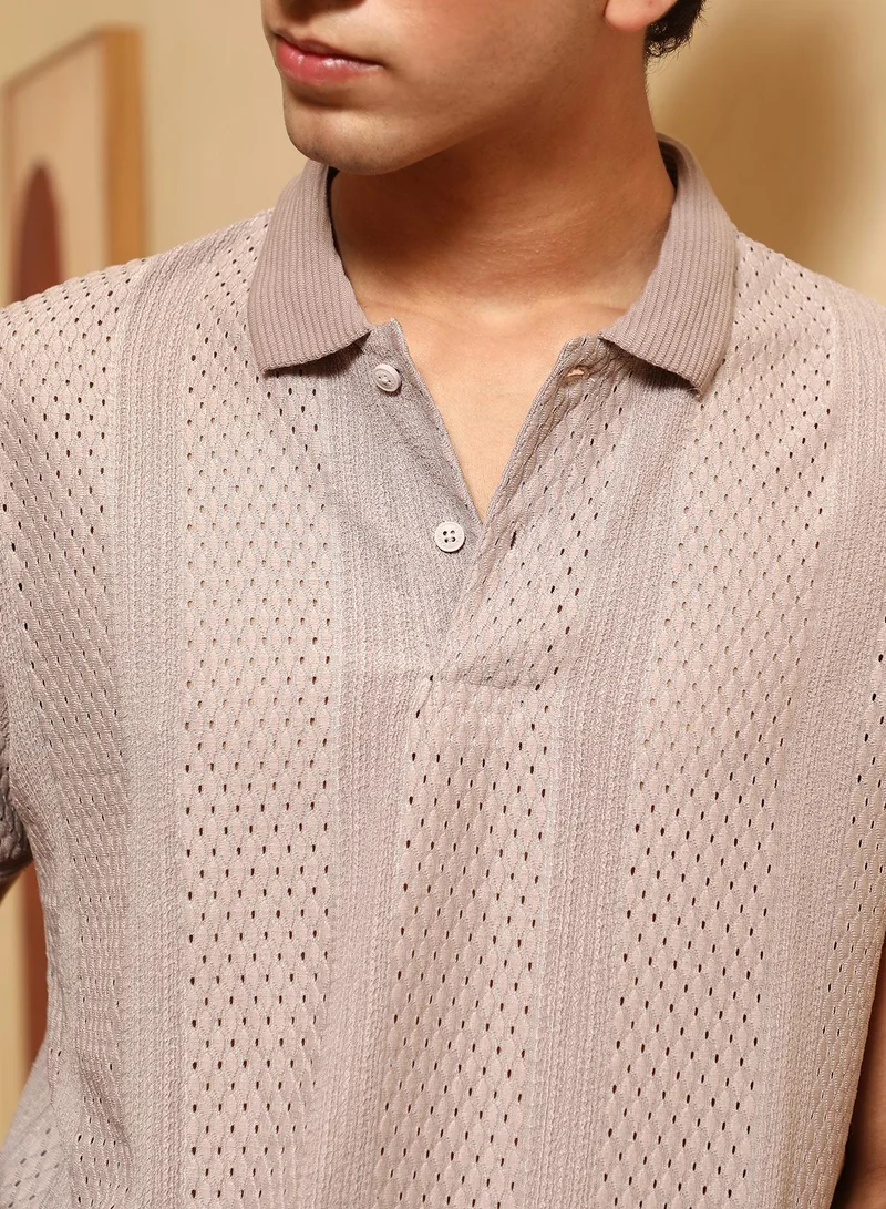 CAHOOT  Men's Almond Beige Marquise-Panel Jacquard Polo T-Shirt for Men | Best Price UAE