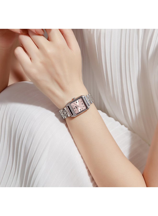 Lee Women's Watch, Light Luxury Niche High-end Feel, Simple Square Watch, Quartz Birthday New Year Gift, Cross-year M485 Pink Steel - Image 1