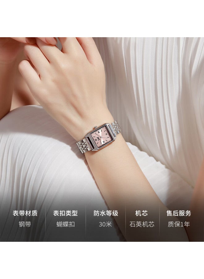 Lee Women's Watch, Light Luxury Niche High-end Feel, Simple Square Watch, Quartz Birthday New Year Gift, Cross-year M485 Pink Steel - Image 4