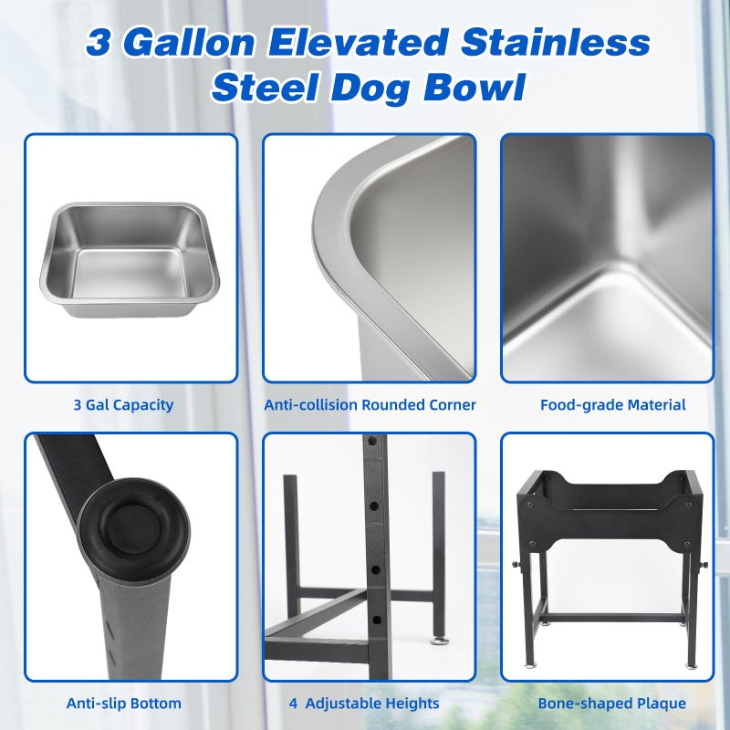 YUEPET 3 Gallon Elevated Dog Water Bowl for Large Extra Large Dogs Stainless Steel Dog Bowl with 4 Heights Adjustable Metal Anti-Slip Stand Pet Food Bowl for Joint Pressure Relief Indoor Outdoor Use - Image 3