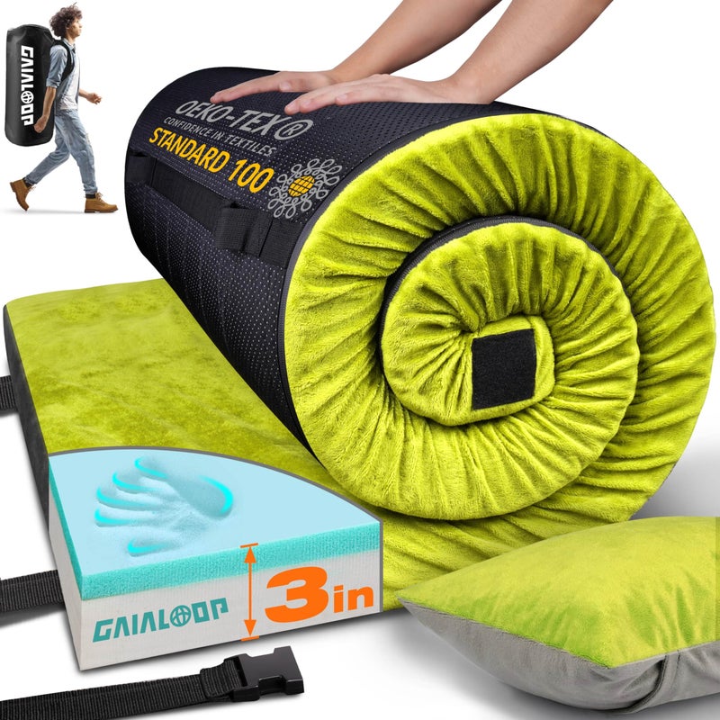 Gaialoop 3 Inch Memory Foam Camping Mattress, Dual Layer Thick Sleeping Camp Pad for Car Tent Cot, Roll-Up Portable Glamping Floor Bed for Guests Sleepover[Single: 75 * 30 * 3"] - Image 1