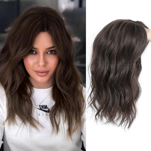 PANEWAY Hair Topper 16 Inch Wavy Curly Soft Brown Clipin Wiglet for Women Synthetic Top Piece to Add Volume Thickness - Image 1