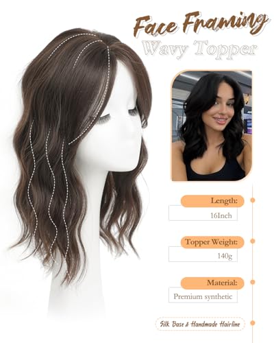 PANEWAY Hair Topper 16 Inch Wavy Curly Soft Brown Clipin Wiglet for Women Synthetic Top Piece to Add Volume Thickness - Image 3