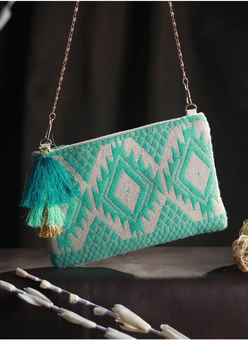 Priyaasi Sea Green Printed Structured Sling Bag with Tasselled  - Image 1