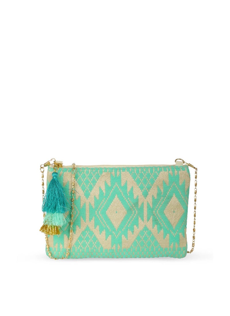 Priyaasi Sea Green Printed Structured Sling Bag with Tasselled  - Image 3