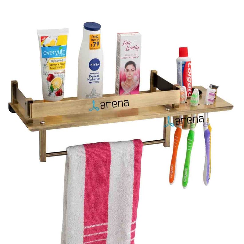 Arena Antique Brass Finish 3 in-1 Bathroom Shelf, Wall Mounted Bathroom Stand, Tumbler, Toothbrush & Napkin Holder Stand, Bathroom Accessories Holder, Bathroom Organiser Stainless Steel - Image 1