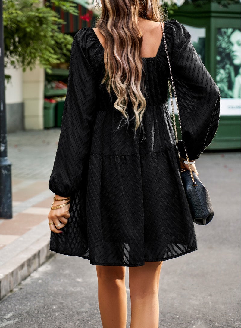 Squality Square Collar Dress Autumn Temperament Elegant Long Sleeve Skirt Black - Image 2