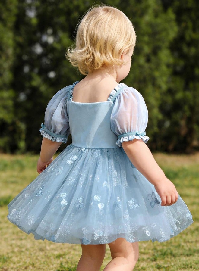 YALLET 3 6 Months 1st Birthday Outfit Girl Embroidery Tulle Baby Girl Dresses 3-6 Months Puff Sleeve Romper First Birthday Outfit for Valentine's Day Easter Baptism Party Photoshoot(Blue,3-6 Months) - Image 5