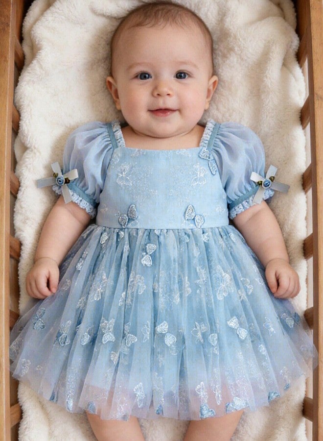 YALLET 3 6 Months 1st Birthday Outfit Girl Embroidery Tulle Baby Girl Dresses 3-6 Months Puff Sleeve Romper First Birthday Outfit for Valentine's Day Easter Baptism Party Photoshoot(Blue,3-6 Months) - Image 4