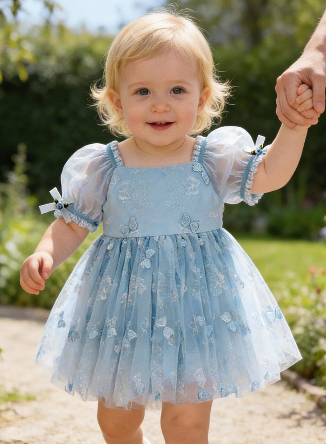 YALLET 3 6 Months 1st Birthday Outfit Girl Embroidery Tulle Baby Girl Dresses 3-6 Months Puff Sleeve Romper First Birthday Outfit for Valentine's Day Easter Baptism Party Photoshoot(Blue,3-6 Months) - Image 2