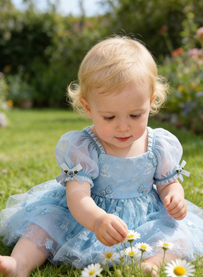 YALLET 3 6 Months 1st Birthday Outfit Girl Embroidery Tulle Baby Girl Dresses 3-6 Months Puff Sleeve Romper First Birthday Outfit for Valentine's Day Easter Baptism Party Photoshoot(Blue,3-6 Months) - Image 3
