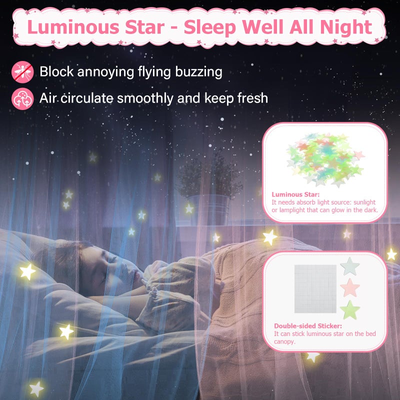YEERSWAG Twin Size Bed Canopy With Lights  Bed Canopy For Girls Princess With Luminous Stars  Canopy Bed Curtains For Twin Bed Kids Indoor Decor Bedroom  4 Corner Post Bunk Bed For Student Dormitory  Blue&Pink - Image 3