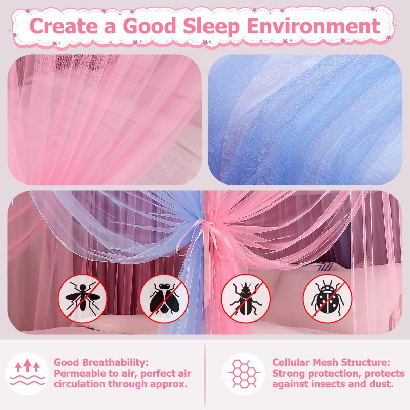 YEERSWAG Twin Size Bed Canopy With Lights  Bed Canopy For Girls Princess With Luminous Stars  Canopy Bed Curtains For Twin Bed Kids Indoor Decor Bedroom  4 Corner Post Bunk Bed For Student Dormitory  Blue&Pink - Image 2