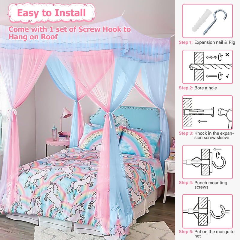 YEERSWAG Twin Size Bed Canopy With Lights  Bed Canopy For Girls Princess With Luminous Stars  Canopy Bed Curtains For Twin Bed Kids Indoor Decor Bedroom  4 Corner Post Bunk Bed For Student Dormitory  Blue&Pink - Image 5