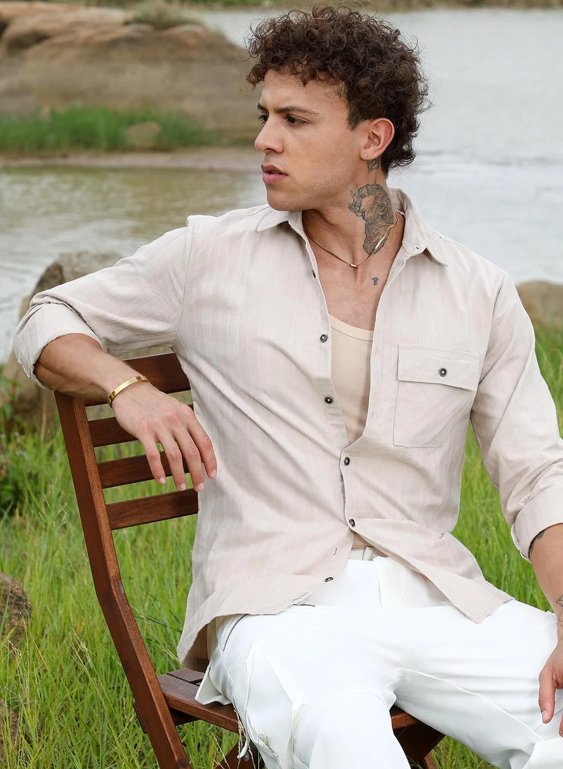 Campus Sutra Men's Peanut Brown Multitrack-Striped Shirt For Casual Wear | Spread Collar | Long Sleeve | Button Closure | Shirt Crafted With Comfort Fit For Everyday Wear