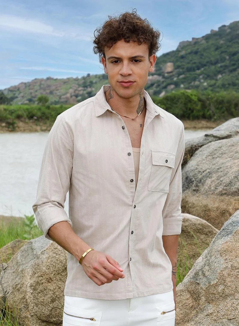 Campus Sutra Men's Peanut Brown Multitrack-Striped Shirt For Casual Wear | Spread Collar | Long Sleeve | Button Closure | Shirt Crafted With Comfort Fit For Everyday Wear