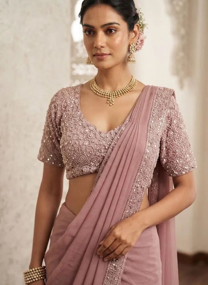 Viny VINY Pink 2-Piece Sequin Embellished Saree Set – Women's Indian Ethnic Wear