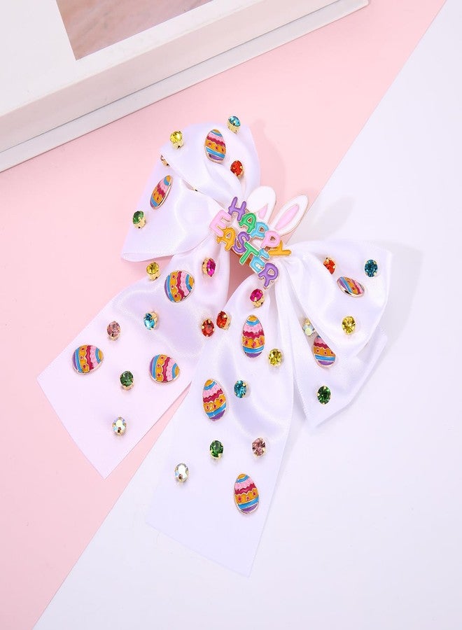 YAHPERN Easter Hair Bow Clips for Women Colorful Easter Egg Bunny Hair Bows White Pink Large Satin Hair Ribbons Spring Easter Hair Accessories Outfit Gifts (Pattern A) - Image 2