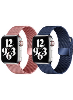 YOMNA [set of 2] YOMNA Magnetic Metal Milanese Loop Band Compatible with Apple Watch Band 42mm 44mm 45mm 49mm, Mesh Strap Replacement for iWatch Series Ultra SE 8 7 6 5 4 3 2 1 (Tea Pink/Navy Blue) 