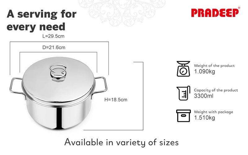 Pradeep وعاء طهي سانو من الفولاذ المقاوم للصدأ بقاعدة ساندويتش مع غطاء عادي من الفولاذ المقاوم للصدأ (20 سم/3.3 لتر) | وعاء برياني | وعاء طهي الأرز | تقنية SAS | أدوات الطهي | متوافق مع الحث، الغاز والكهرباء | وعاء تخزين | وعاء فضي - Image 5