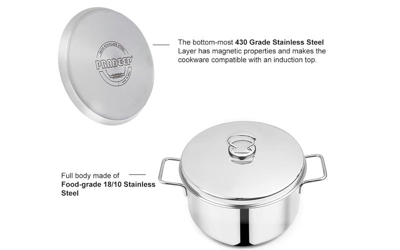 Pradeep وعاء طهي سانو من الفولاذ المقاوم للصدأ بقاعدة ساندويتش مع غطاء عادي من الفولاذ المقاوم للصدأ (20 سم/3.3 لتر) | وعاء برياني | وعاء طهي الأرز | تقنية SAS | أدوات الطهي | متوافق مع الحث، الغاز والكهرباء | وعاء تخزين | وعاء فضي - Image 3