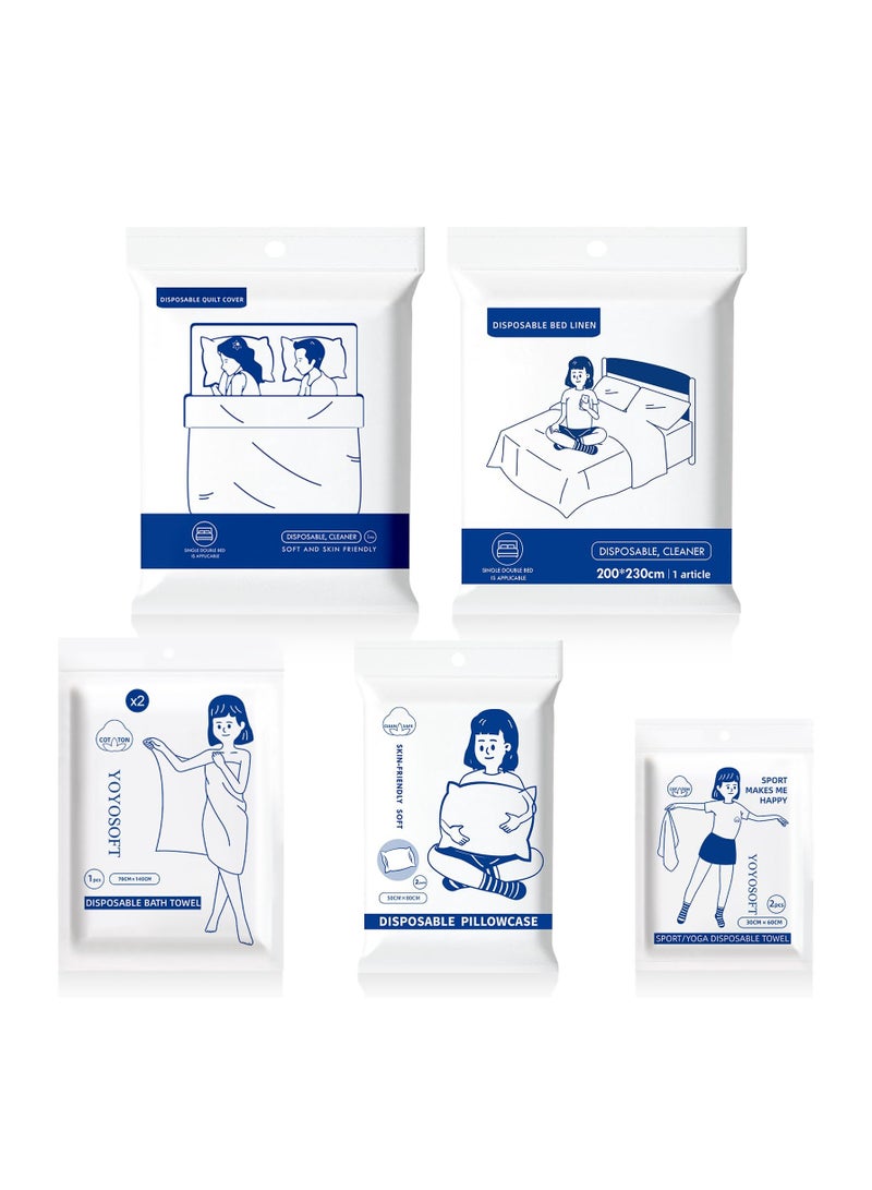 SYOSI Disposable Bed Sheets for Travel, 8pcs Disposable Travel Sheets Set Fitted Sheet King Size, Hotel Essentials with Disposable Bed Sheets Quilt Cover 2 Pillowcase 2 Bath Towels 2 Face Towels - Image 1