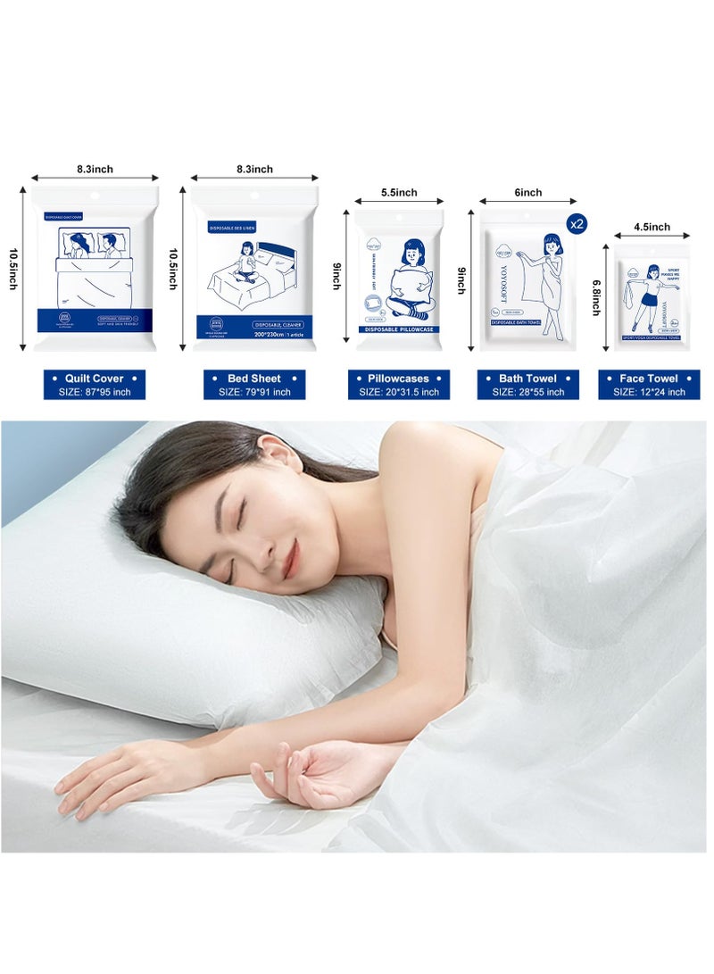 SYOSI Disposable Bed Sheets for Travel, 8pcs Disposable Travel Sheets Set Fitted Sheet King Size, Hotel Essentials with Disposable Bed Sheets Quilt Cover 2 Pillowcase 2 Bath Towels 2 Face Towels - Image 2