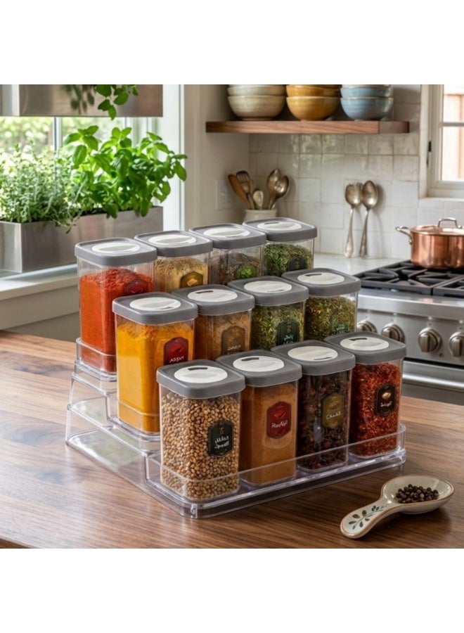 12-Piece Clear Plastic Spice Jar Set with Multi-Level Stair-Step Organizer Rack – 250ml Airtight Seasoning Containers with Pouring Lids, Space Saving Kitchen Spice Storage Holder for Herbs, Seeds, Seasonings and Homemade Spice Blends - Image 4