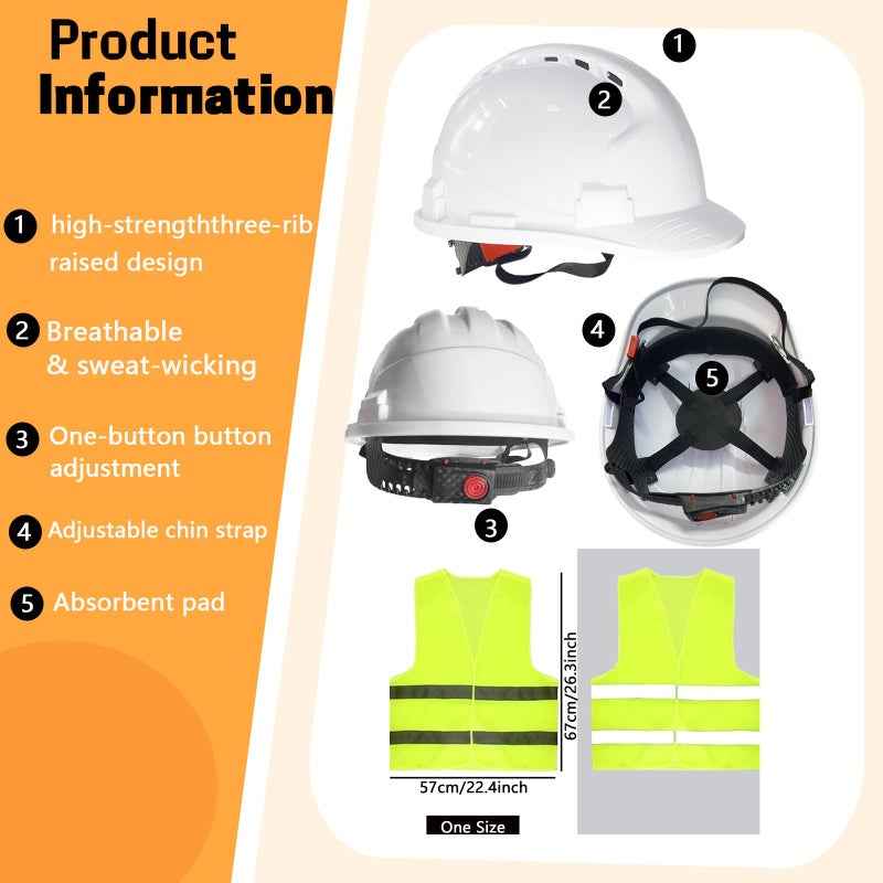 Bailiyake 12 Pcs 4 Pt. Suspension Hard Hat with Safety Vests Bulk Safety Helmets Adjustable Ratchet Hard Hats, Vents & Sweat Cotton Brow Pad - ABS Construction Helmets for Work Sites & Outdoor Labor - Image 2