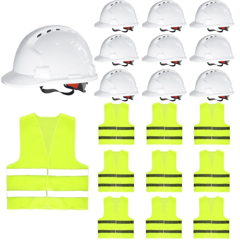 Bailiyake 12 Pcs 4 Pt. Suspension Hard Hat with Safety Vests Bulk Safety Helmets Adjustable Ratchet Hard Hats, Vents & Sweat Cotton Brow Pad - ABS Construction Helmets for Work Sites & Outdoor Labor - Image 1