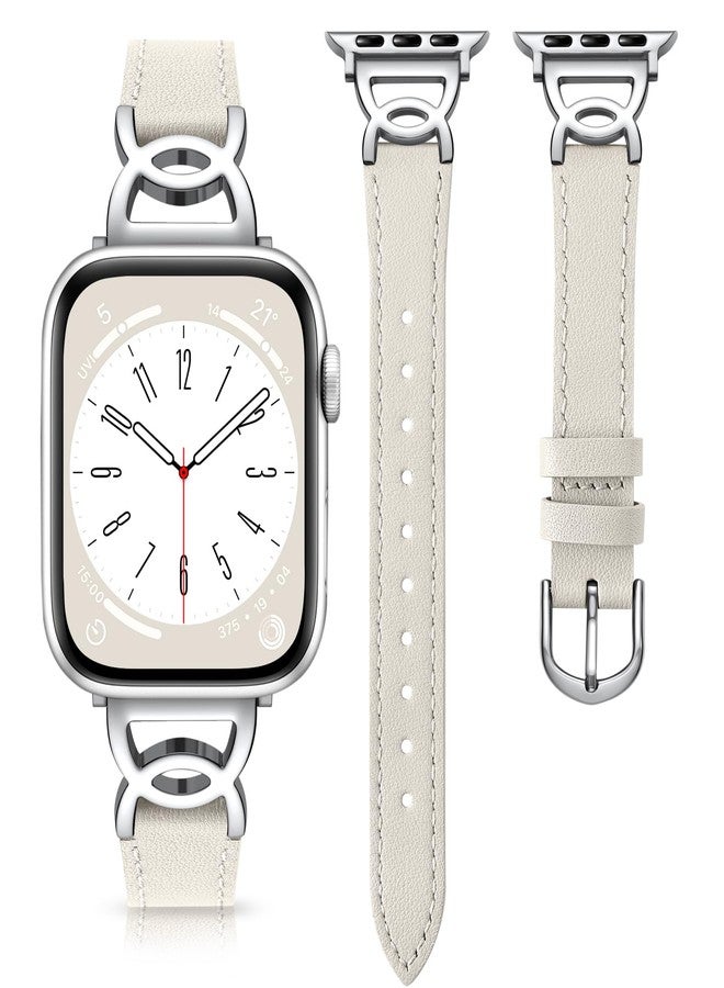 داجين سوار DaQin Slim من الجلد، متوافق مع ساعة Apple Watch النسائية، متوفر بمقاسات 40 مم، 38 مم، 41 مم، و42 مم. سوار أنيق من الجلد مع مشبك بتصميم مميز على شكل حرف DC، متوافق مع ساعات iWatch Series 11، 10، 9، 8، 7، 6، 5، 4، 3، 2، 1، وSE. لون Starlight. - Image 1